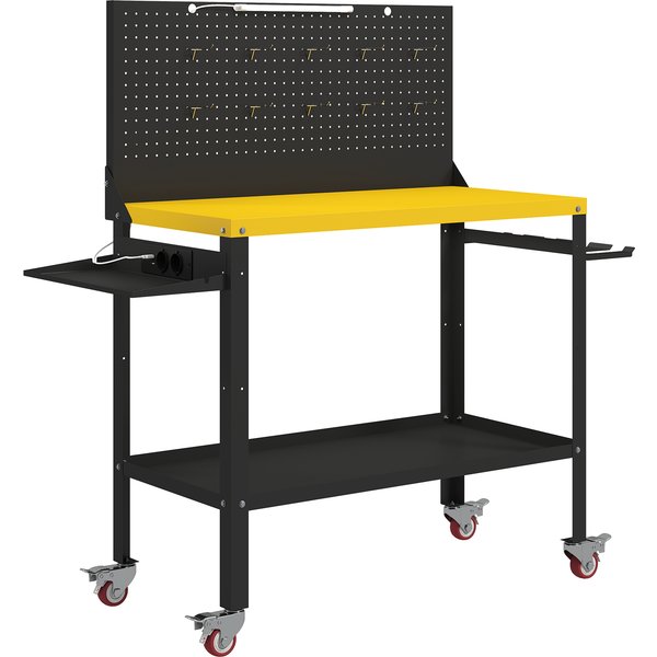 HOMCOM Werkbank mit Lochwand und Rollen, Arbeitstisch mit Steckdosen, USB, LED‑Leuchte und Metallgestell, Tragfähigkeit 300 kg, Werkbank für Garage oder Werkstatt, 128x49,5x127,5 cm, Schwarz und Gelb   Aosom