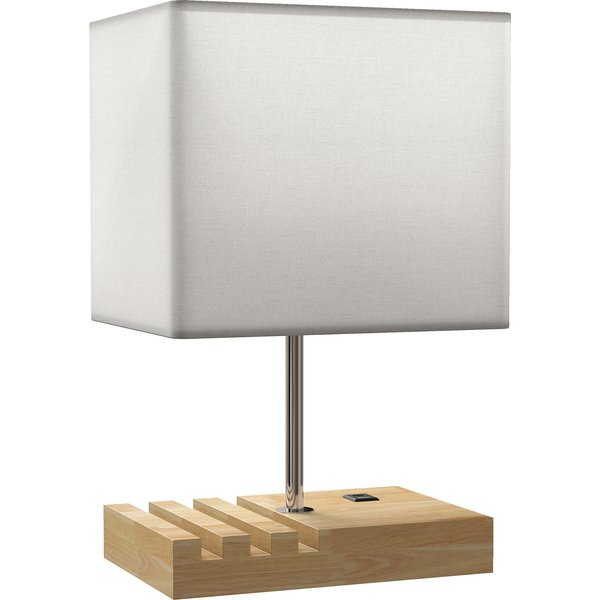 HOMCOM Tischlampe Schreibtischlampe mit E27-Fassung, USB-A+C-Ladeanschlüssen und 3 Handyhaltern, Nachttischlampe mit Massivholzfuß und Stoffschirm für Schlafzimmer Wohnzimmer, exkl. Glühbirne   Aosom