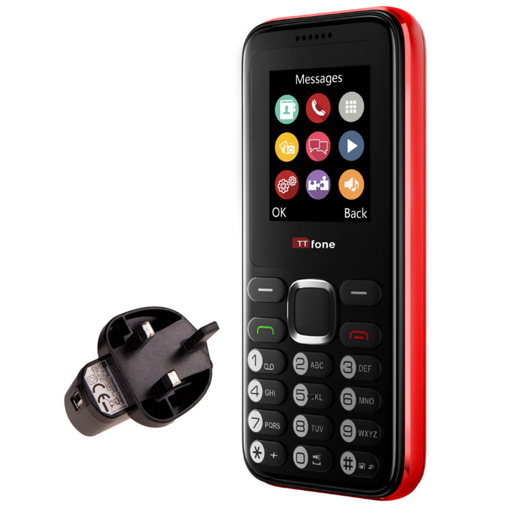 TTfone TT150 Red Dual SIM - Mains Charger, Vodafone Pay As You Go