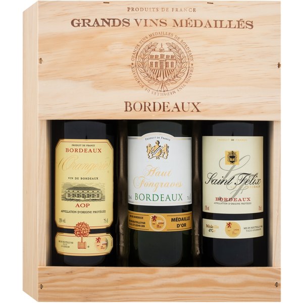 1 3 x 0,75-l-Flasche Weinpaket Bordeaux mit Holzkiste""
