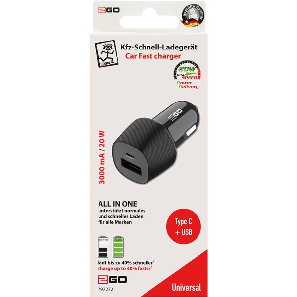 2GO KFZ-Ladegerät 20W   1xUSB-C  1xUSB-A   schwarz