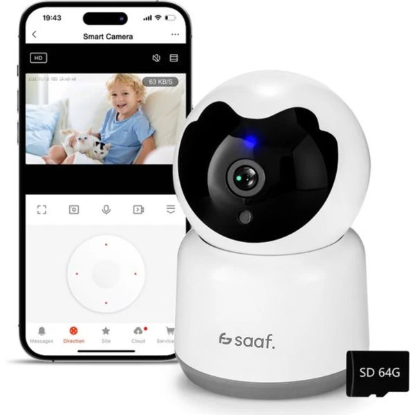 SAAF Sicherheitskamera - Für Innenräume - Mit Nachtsicht - Wifi und 64GB SD - Full HD - Tuya Smart - Weiß